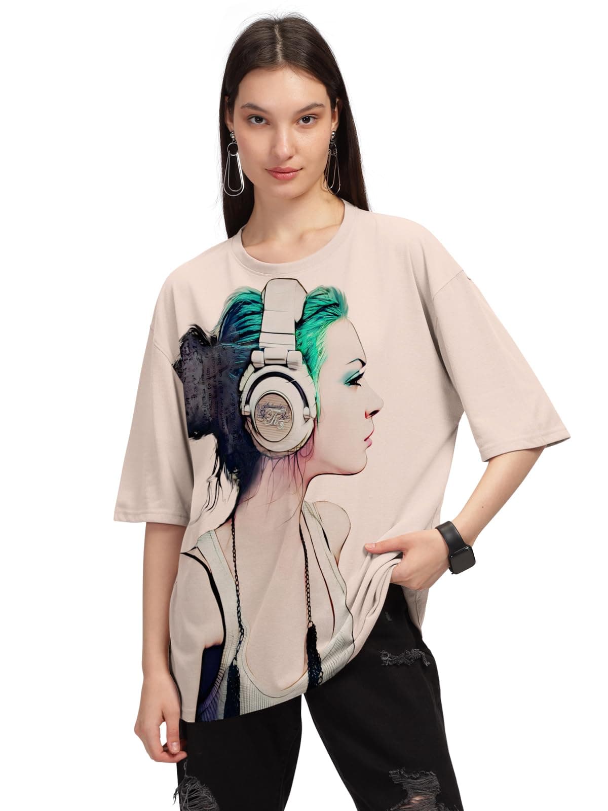 Beige Trendy Printed Oversized T-Shirt for Women