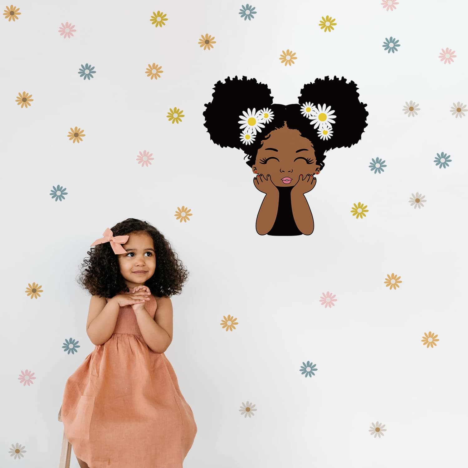 Black Girl Wall Decal Peel and Stick, Positive African American Girl Wall Stickers for Girls Bedroom Playroom Classroom Kids Wall Art Decor Sticker Boho Daisy Floral, Daisy Girl