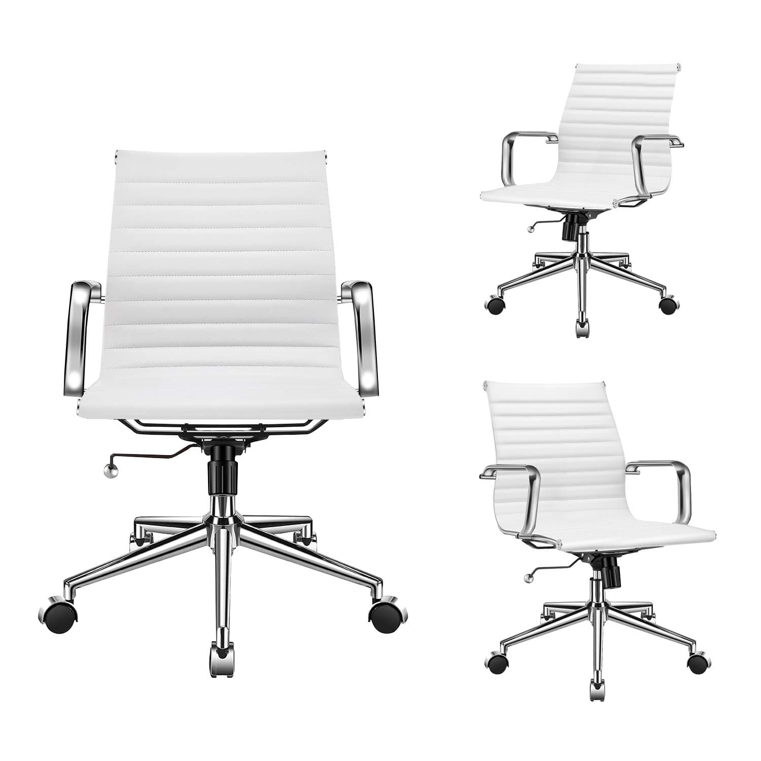 LUXMOD White Adjustable Swivel Chair in Durable Vegan Leather, Mid Back Office Chair with Armrest, Ergonomic Desk Chair for Extra Back & Lumbar Support, Modern Executive Chair White