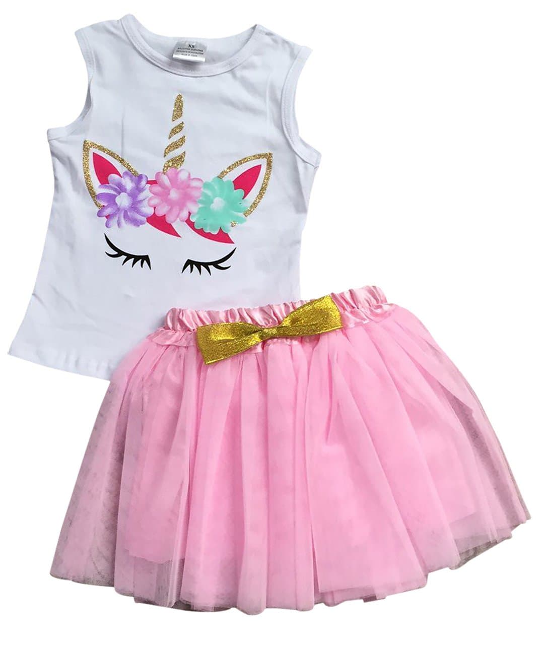 Little Girls 2 Pieces Skirt Set Holiday Party Birthday T-Shirt Top Dress Set