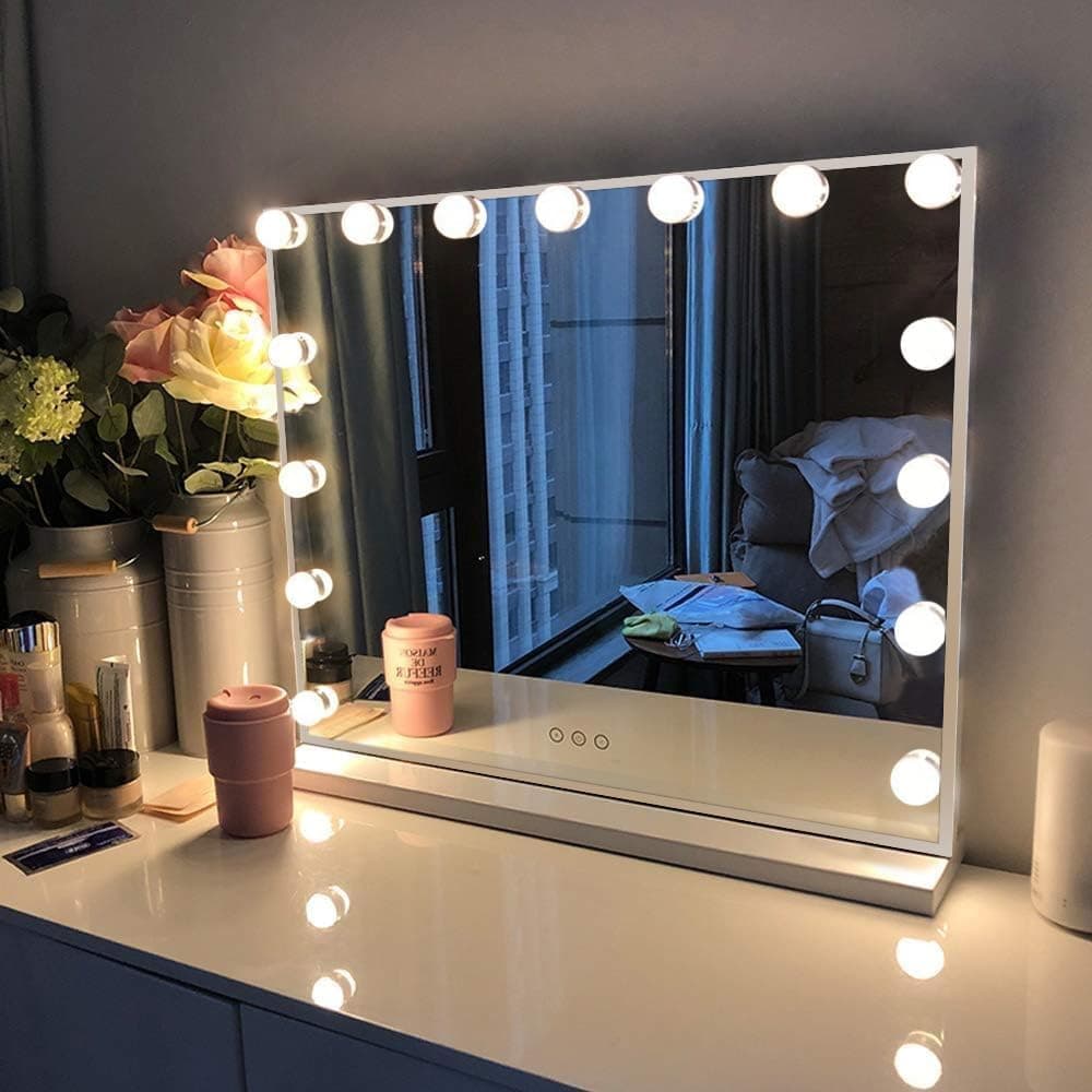 FENCHILIN Vanity Hollywood Makeup Mirror with Lighting LED Type C and USB Charging Port 15 Dimmer Lights 3 Light Modes Makeup Mirrors Wall Mounted White 58 x 48 cm