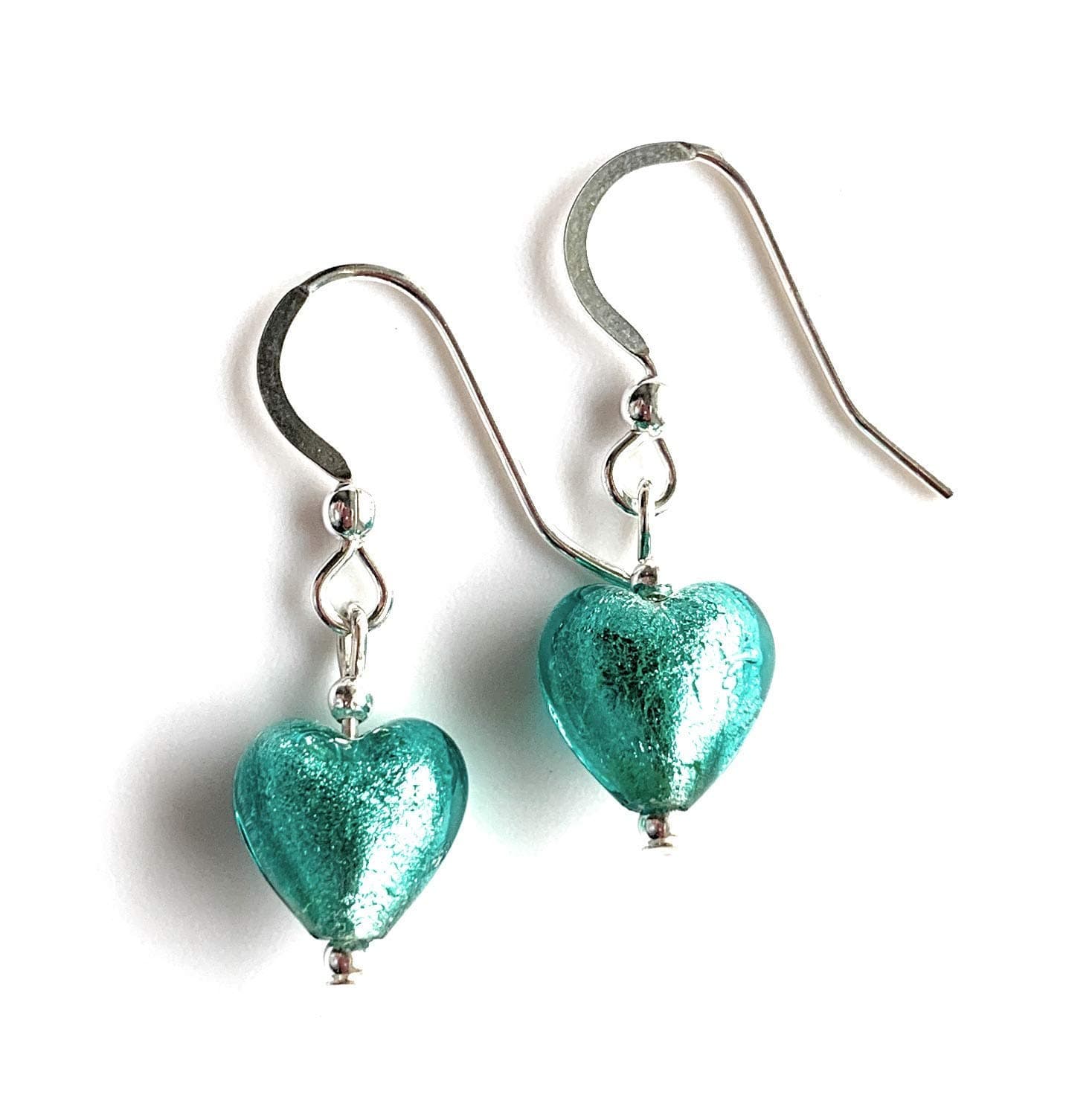 Diana Ingram earrings with teal (green, jade) Murano glass mini heart drops on Sterling Silver hooks