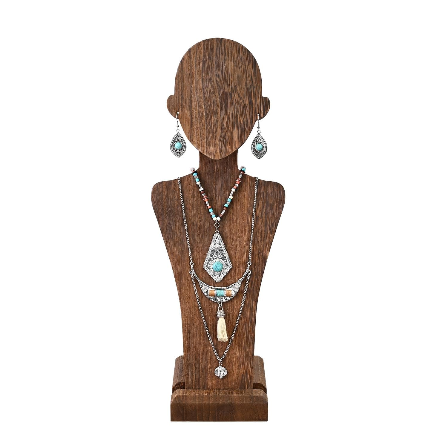 MOOCA Portable Wooden Mannequin Jewelry Stand, Jewelry Display Organizer for Earrings & Multiple Necklace, Brown Color