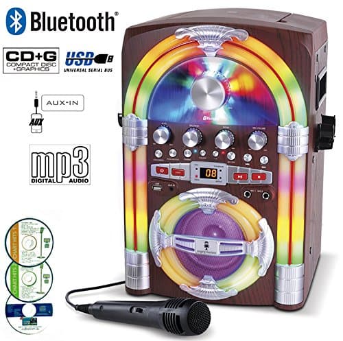 Singing Machine Mini Jukebox Bluetooth Karaoke Machine, Plays Music CDs and CDG+ Songs with Lyrics on TV, LED Lights, 2 Mic Input. RECORDING USB Port. Link Smart Phone, Tablet. Party Pack 1, 3 CD Inc