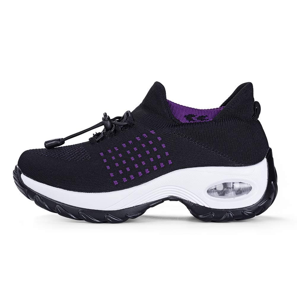 Women's Walking Shoes Sock Sneakers - Mesh Easy Lace Air Cushion Lady Girls Modern Jazz Dance Platform Nursing Shoes Purple&Black,7