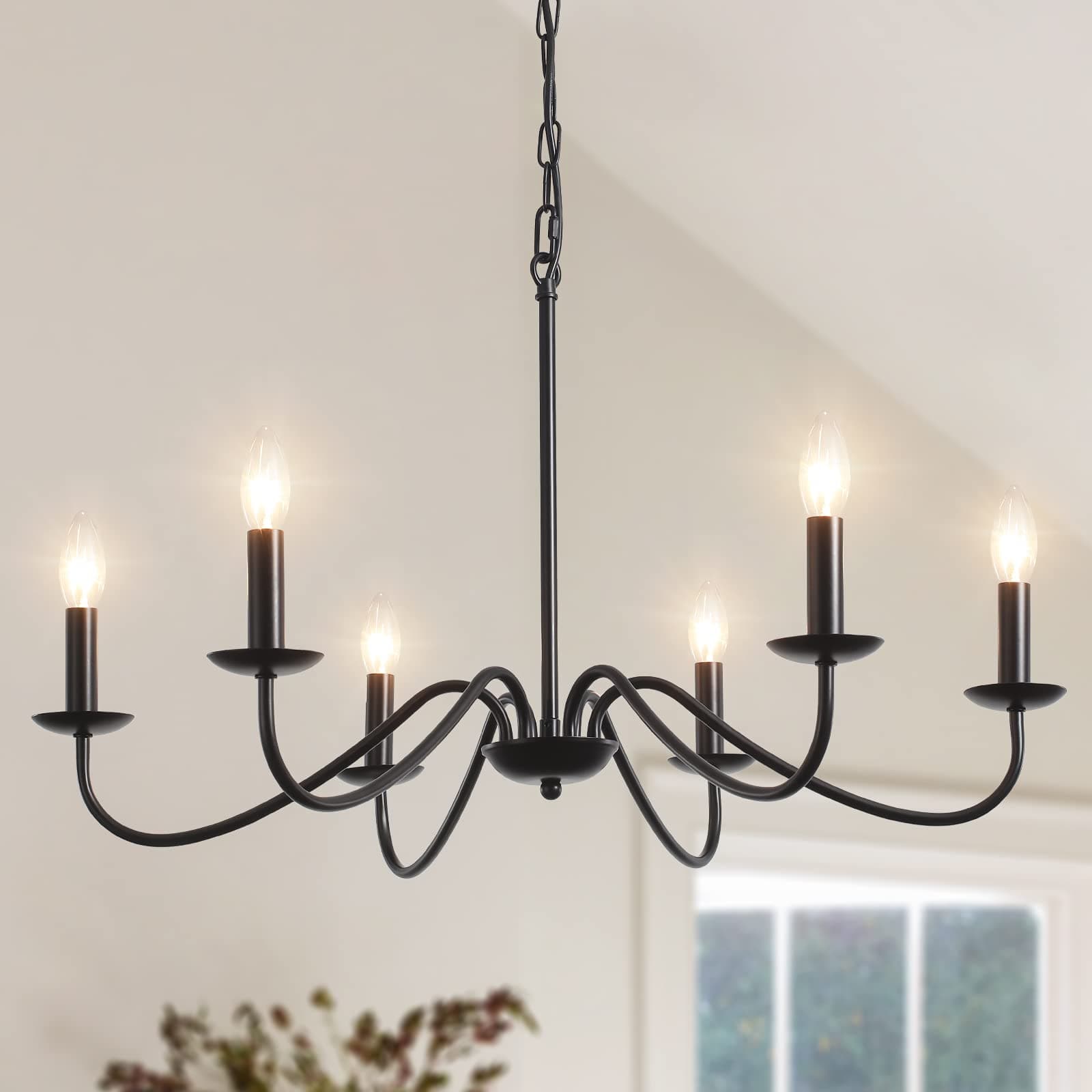 Black Chandeliers Ceiling Lights Living Room, 6 Lights Pendant Light Fitting Industrial Ceiling Lighting for Kitchen Dining Room Bedroom Hall, Height Adjustable, E14 Bulbs (Exclude)