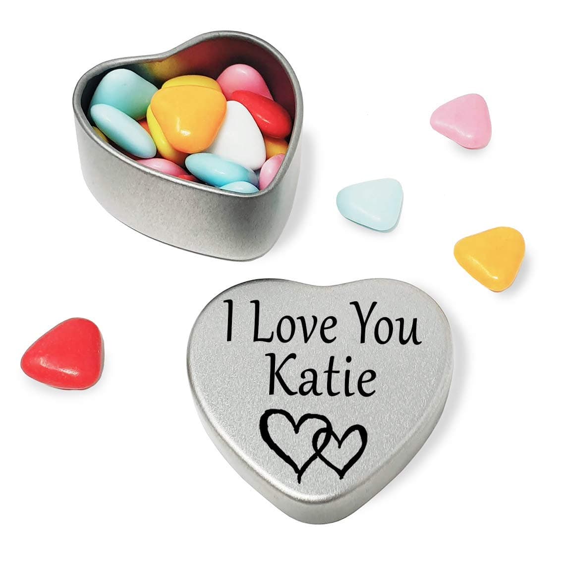 I Love You Katie Mini heart shaped silver gift tin filled with mini chocolates. Great as a birthday present or a gift to show someone special how much you love them
