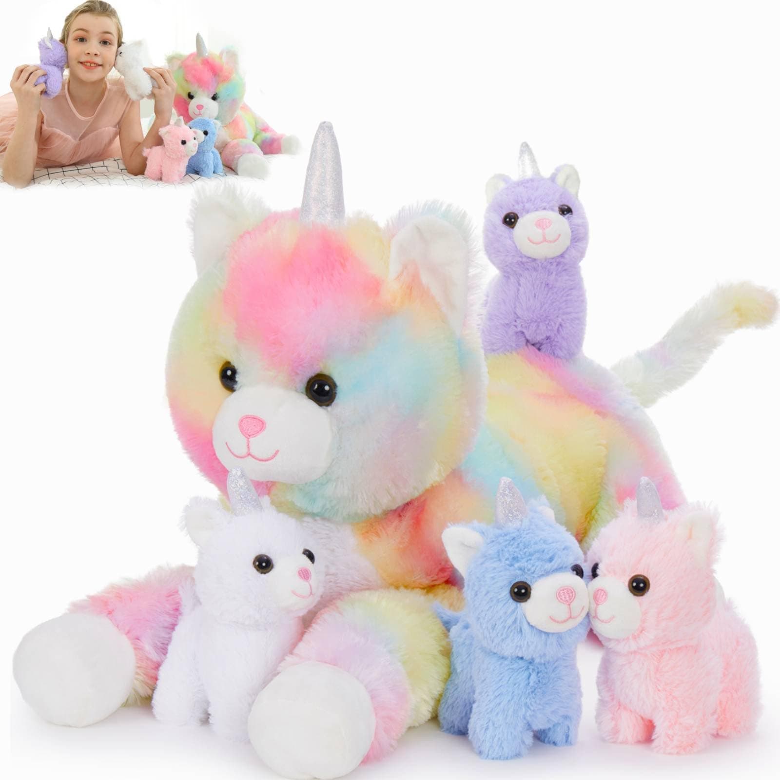 MorisMos Cat Unicorn Stuffed Animal with Baby Kittens, 24'' Mommy Cat and 4 Baby Kitty Stuffed Animals, Large Rainbow Caticorn Plush Pillow, 5Pcs Kitty Unicorn Plush Toys for Girls Boys Birthday Gift