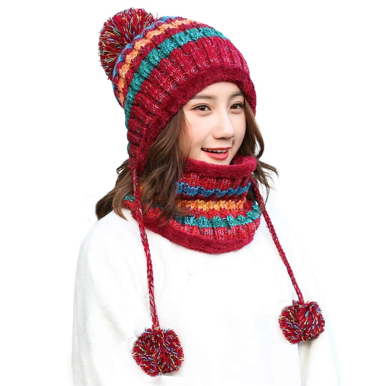 Women Winter Beanie Hat Circle Scarf Set Pompoms Peruvian Ski Snow Ear Flaps Sherpa Knit Hats Fleece Lined