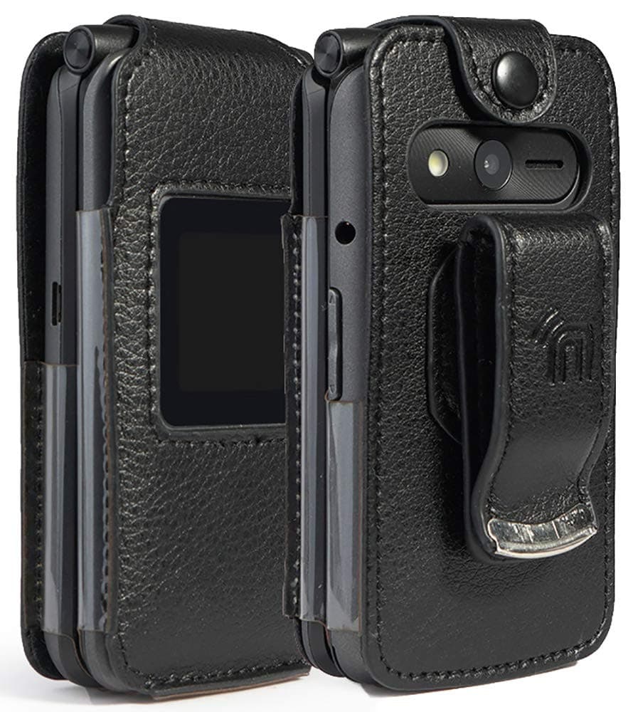 Case for eTALK Phone, Nakedcellphone [Black Vegan Leather] Form-Fit Cover with [Built-in Screen Protection] and [Metal Belt Clip] for Kazuna/Freetel Verizon eTALK Flip Phone