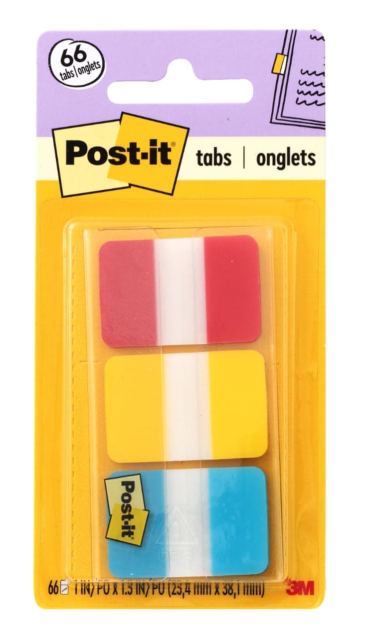 Tabs, 1 in, Solid, Red, Yellow, Blue, 22 Tabs/Color, 66 Tabs/On-the-Go Dispenser (686-RYB)