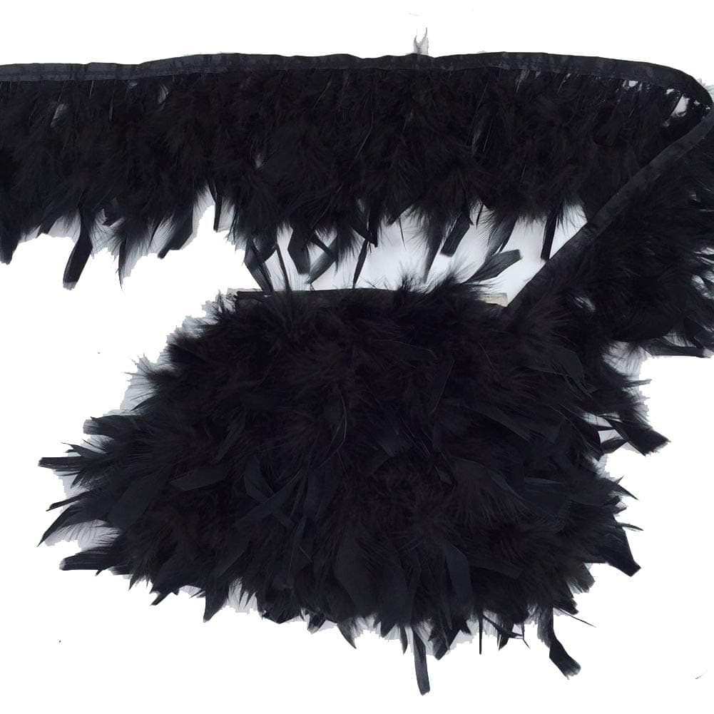 MELADY 2yards Turkey Feathers Fringe Trim Fashion Dress Sewing Crafts Costumes Decoration (Black)