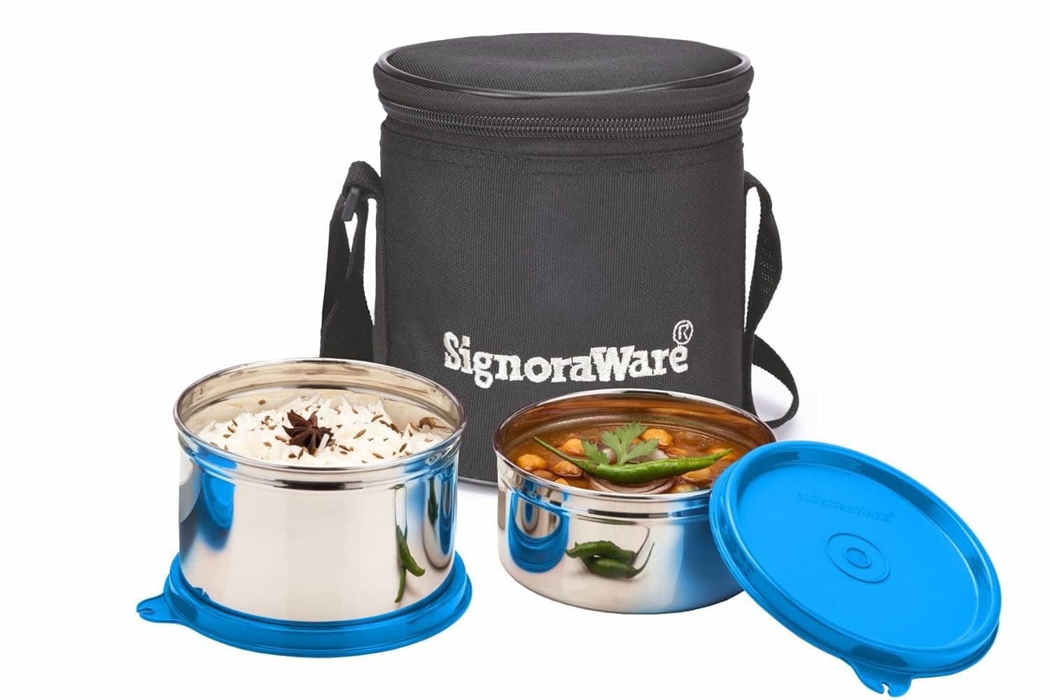 Signoraware Executive Stainless Steel Lunch Box Set 2 with bag | Stainless-Steel Leak-Proof Containers | Full Meal Boxes (Container Size 350mlx1 | 500mlx1 | Blue)
