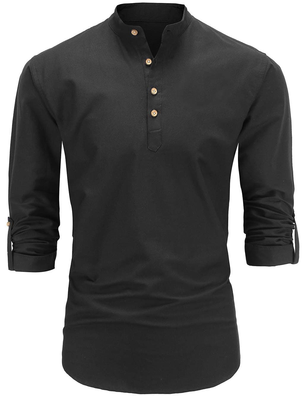 Dioufond Mens Henley Shirts Long Sleeve Mandarin Collar Popover Shirts Black Peasant Shirt S
