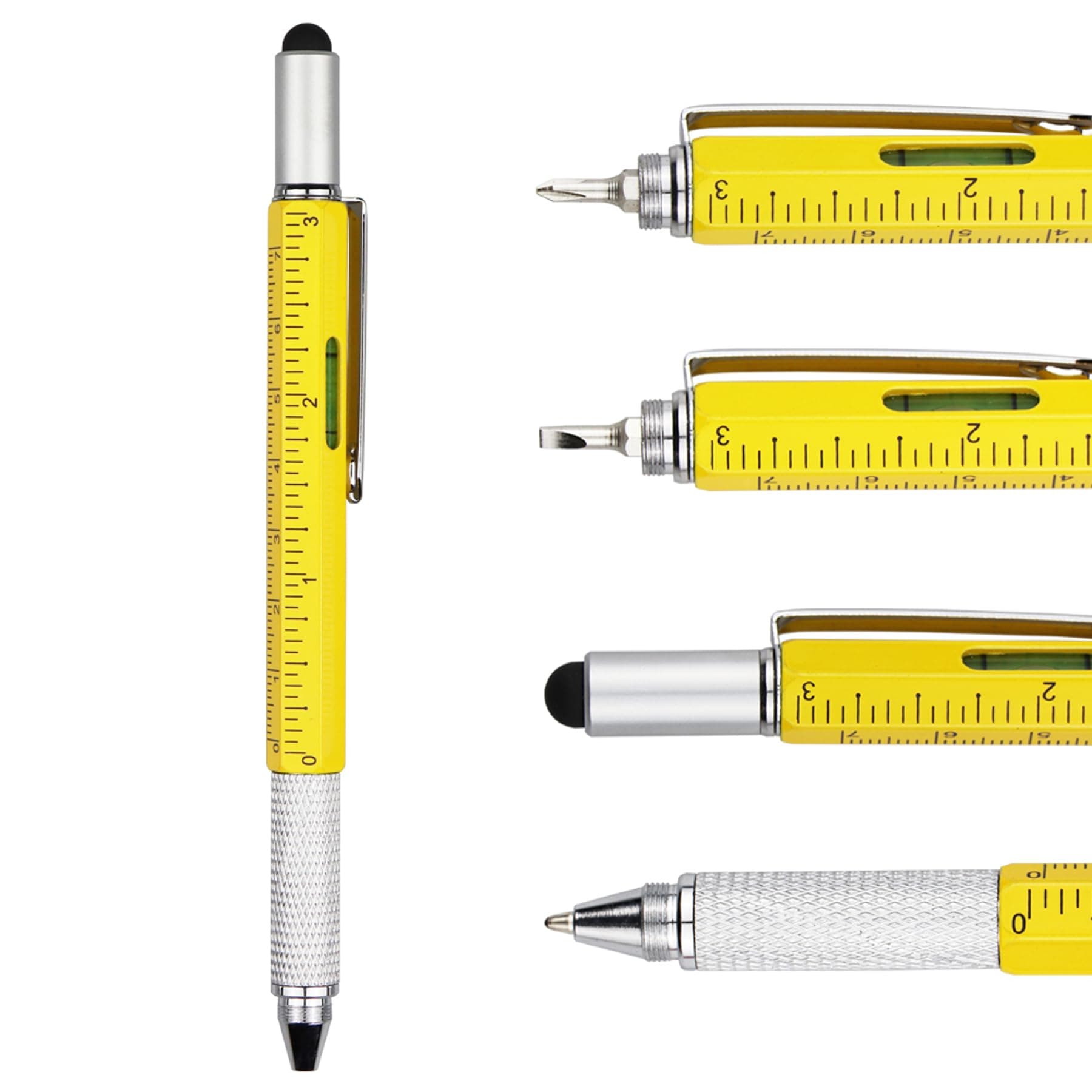 DUNBONG Metal Multi tool Pen 6-in-1 Stylus Pen - With Screwdriver, Ballpoint Pen Black ink, Stylus pen, Level and Ruler, 1-Count (Yellow)