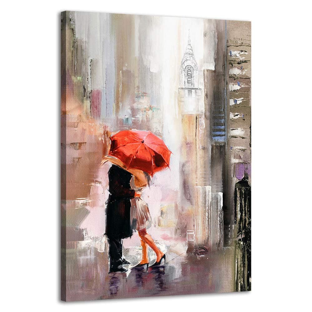 RUISHI Canvas Wall Art Modern New York Cityscape Large Romantic Painting Decor Lovers Under Red Umbrella Street Scenery Pictures for Living Room Bedroom Home Office Decoration 24L x 16W