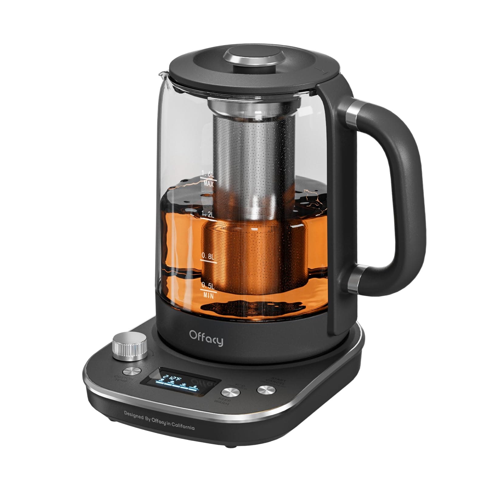 OffacyElectric Tea Kettle, 1.6L 1200W Fast Heating 9 Smart Presets with Removable Infuser Temperature Control 2H Keep Warm, BPA-Free Glass Teapot for Coffee, Boil-dry Protect, Easy to Clean, Black