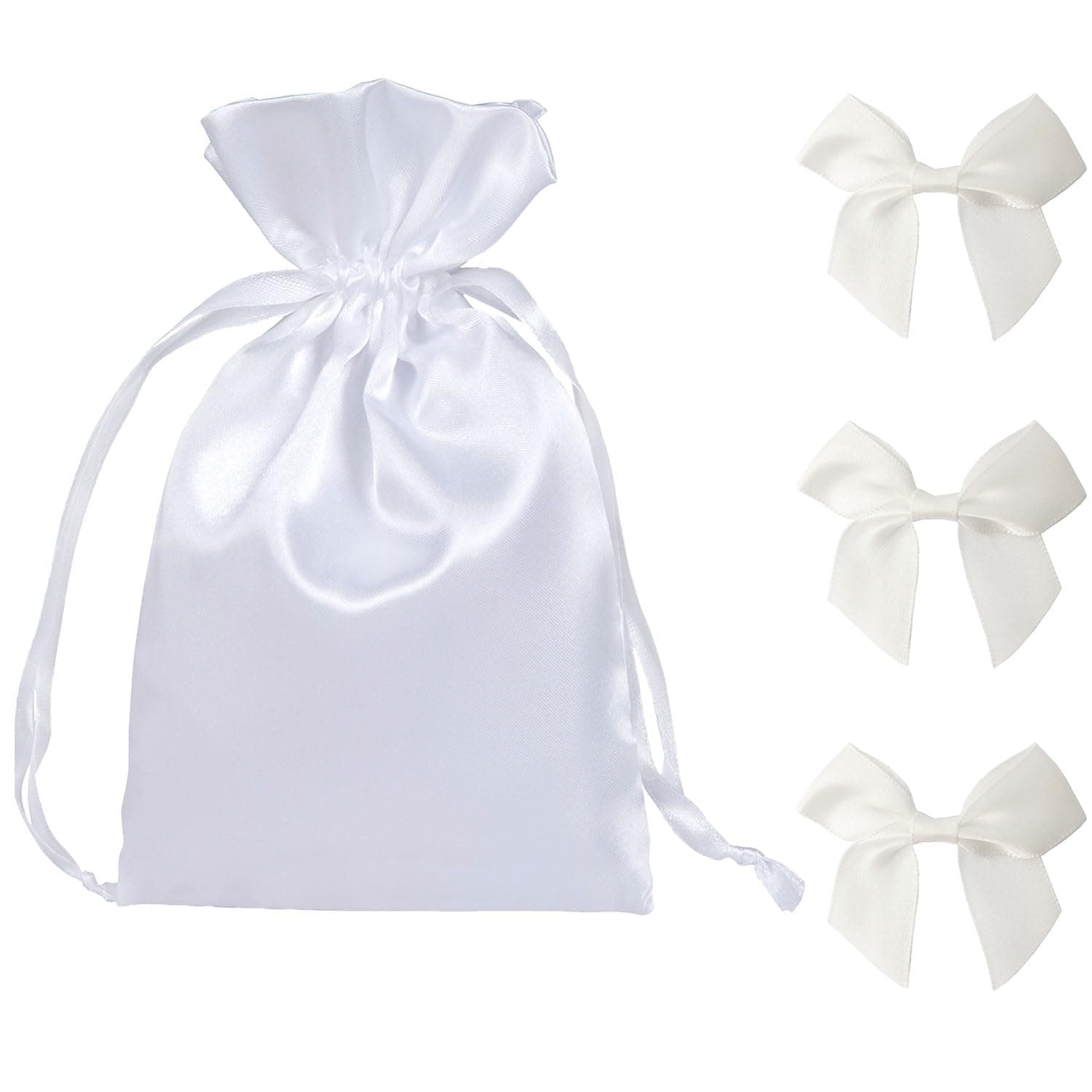 25pcs White Mini Craft Bows with Sticky Gel Pads and 50 Pack 5X7 White Satin Bags Small Gift Bags