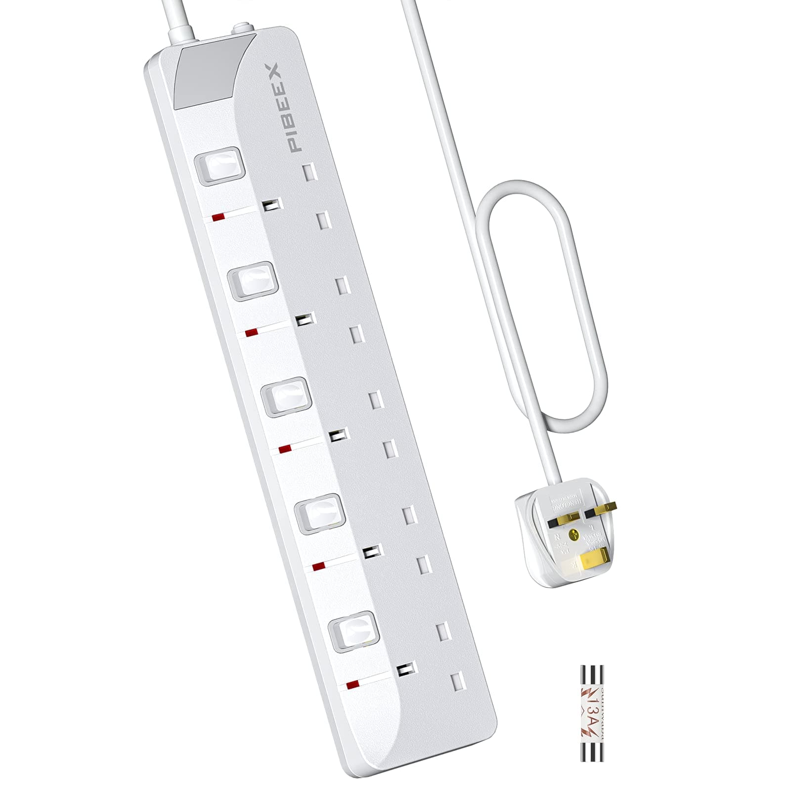 Extension Lead 5 Way Multi Plug Extension Sockets with Individual Switches Wall-Mounted Power Strip 1.5M Extension Cord 13A Fused UK Plug 3250W