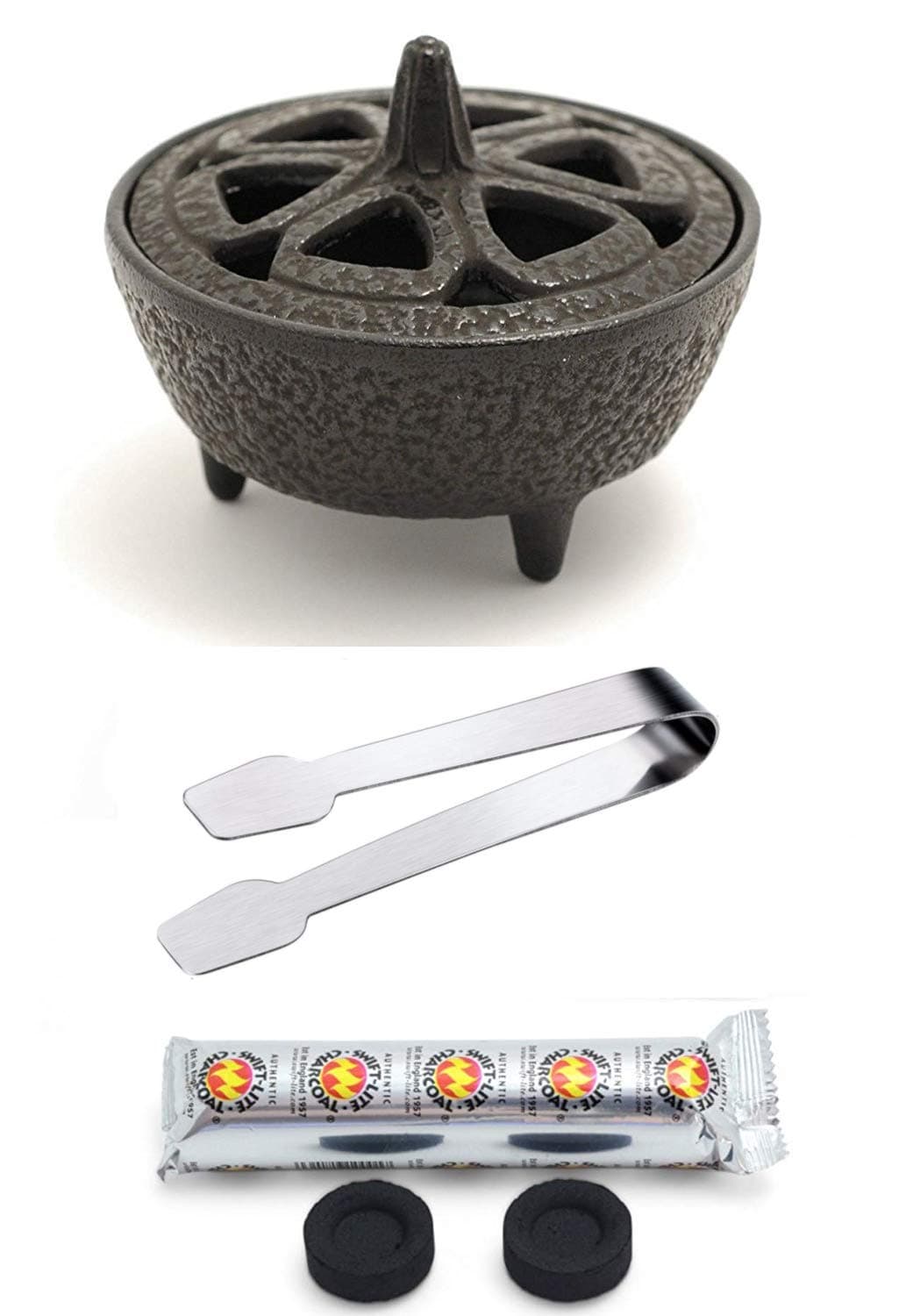 Incense Burner Kit with Cast Iron Burner, Charcoal and Tongs - For Burning Fresh Incense - Complete System