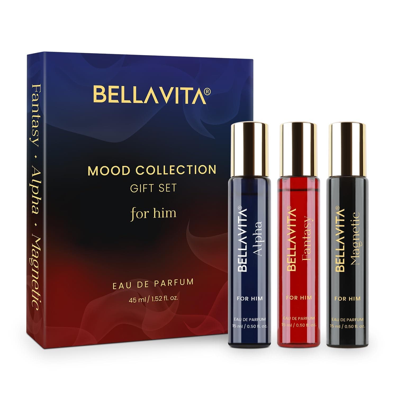 BELLAVITA Mood Collection Gift Set 3x15ML | Perfume for Man | Gift for Man | Long Lasting EDP | Alpha, Fantasy & Magnetic | Fruity, Woody Premium Fragrance