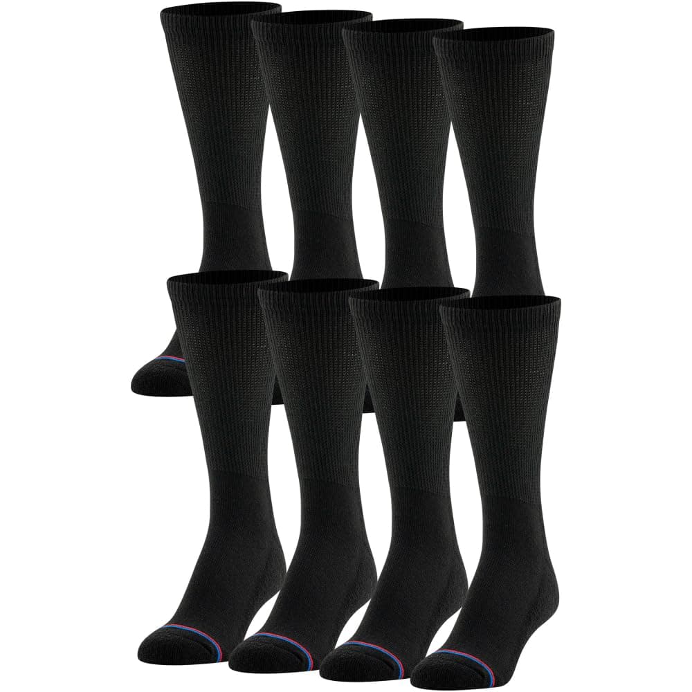 MediPEDS Men's Extra Wide Non-Binding Top Crew Socks with Coolmax Fiber 8 Pairs, Black, Shoe Size: 12-15