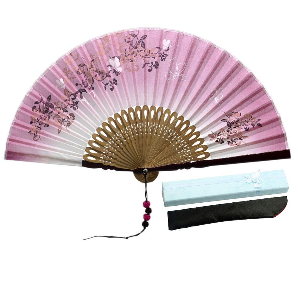 JSSWB 8.27"(21cm) Women Hand Held Silk Folding Fans with Bamboo Frame - with a Fabric Sleeve for Protection for Gifts - Chinese/Japanese Style Butterflies and Morning Glory Flowers Pattern (Hot Pink)