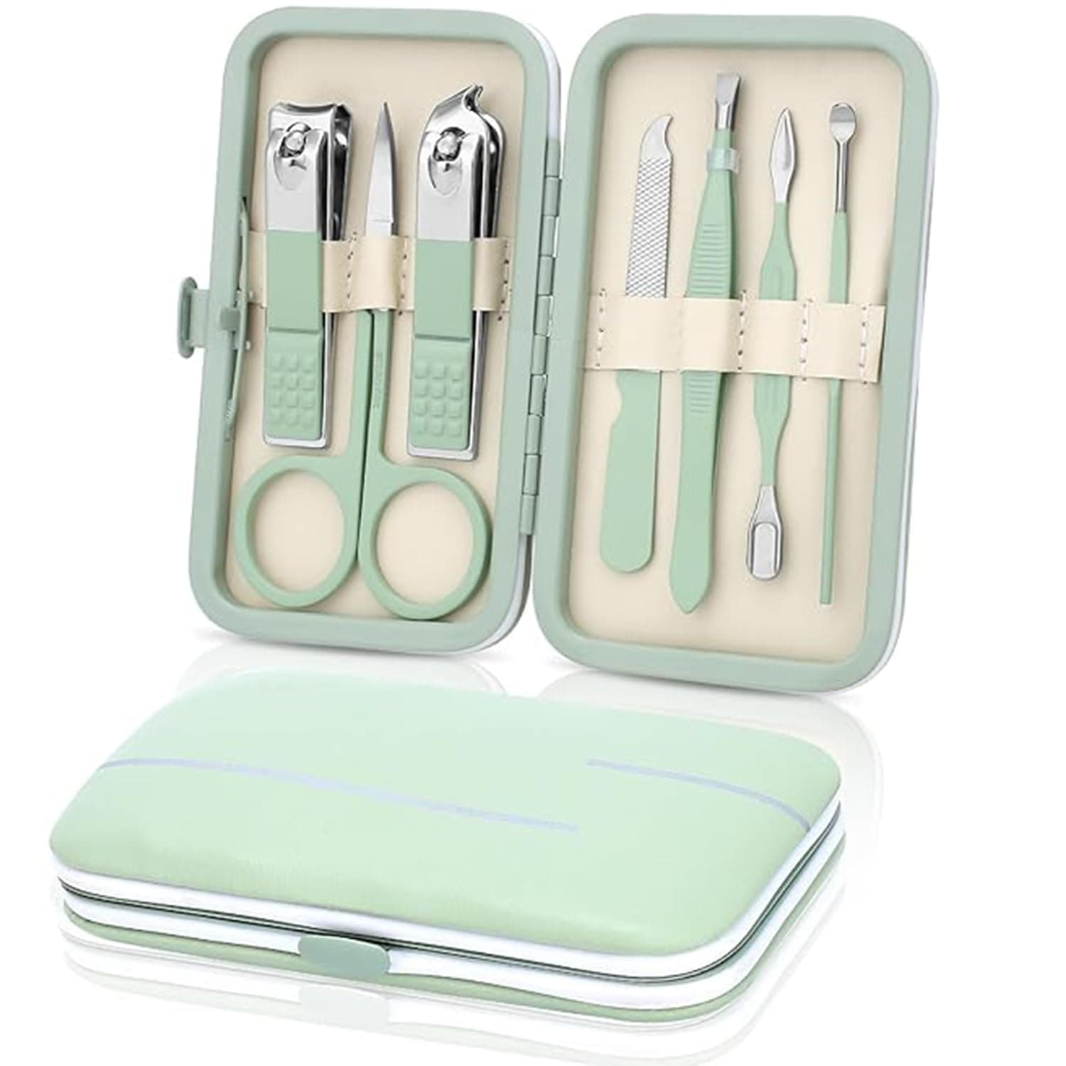 Manicure Set 7 Pieces Stainless Steel Nail Care Set Nail Clippers Pedicure Kit Toenail Clipper Grooming Tool-Pedicure Kit & Toe Nail Cutter-Thick Nail Scissors Toiletries with Cuticle Trimmer (Green)