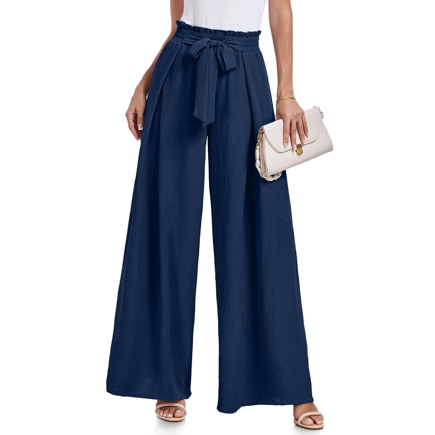 Wide Leg Pants for Women High Waisted Palazzo Pants Work Casual Flowy Tie Knot Trousers with Pockets
