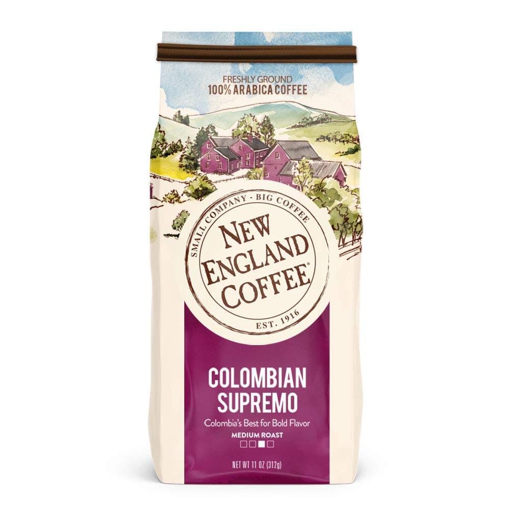 New England Coffee Colombian Supremo, Medium Roast Ground Coffee, 11 Ounce (1 Count) Bag