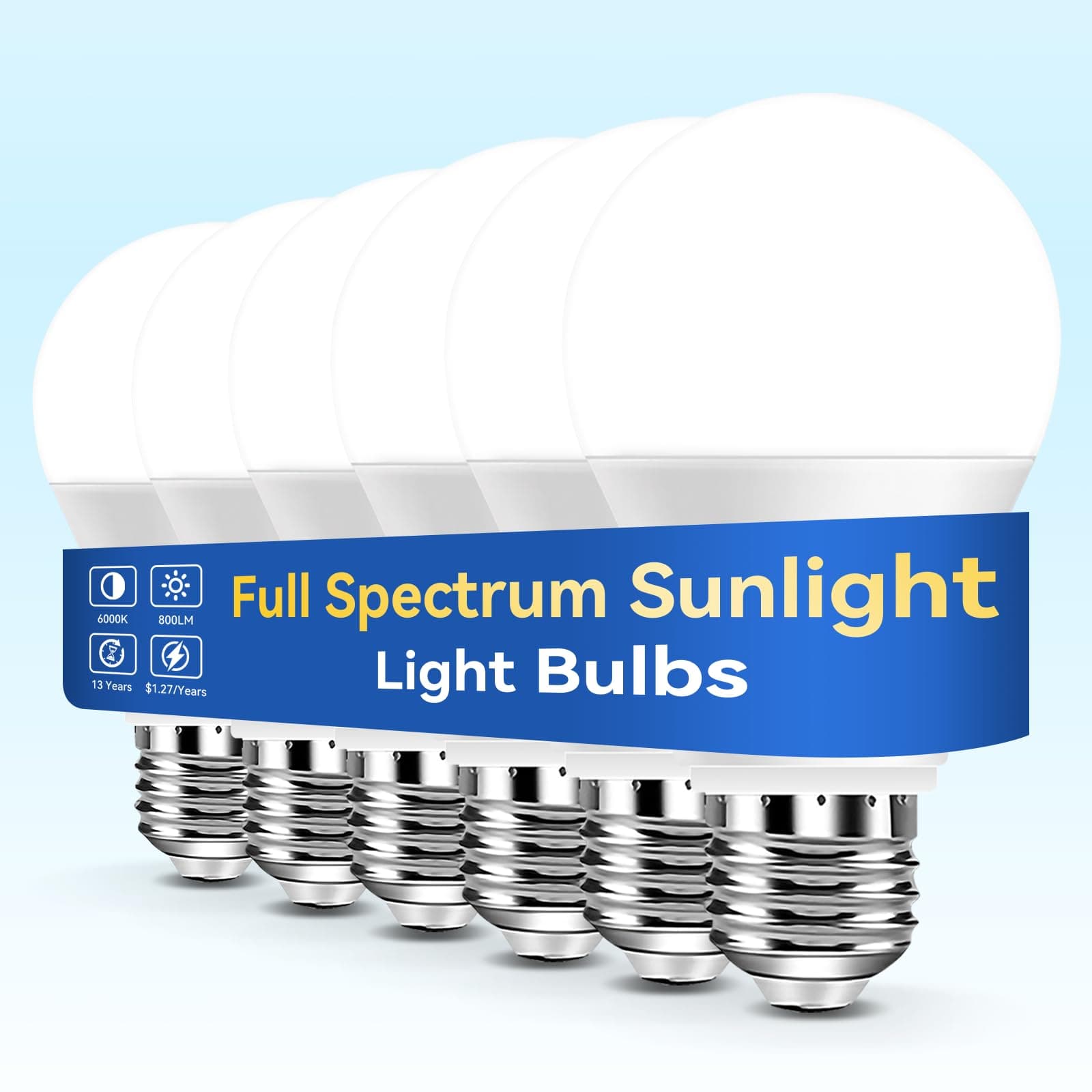 Neporal Full Spectrum Light Bulb, 6000K UV-Free Daylight Sunlight Light Bulbs, 9W (60W Equivalent) LED CRI 90, Flicker-Free, 30,000 Hrs Lifespan, E26/E27 Natural Light Bulb for Home & Office - 6PK