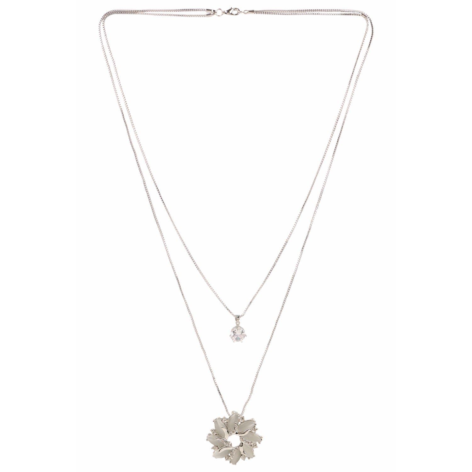 INT59 Efulgenz Fashion Jewellery Silver Plated Metal Double Layer Crystal Fancy Long Chain Party Western Wear Pendant Necklace for Women