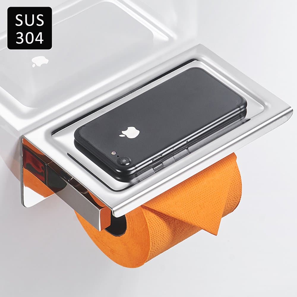 Tencro Stylish Bathroom Toilet Paper Holder Stainless Steel 304 Polished Chrome-Plated Design Wall-Mounted / Self-Adhesive Toilet Roll Storage Tissue Holder with Phone Holder