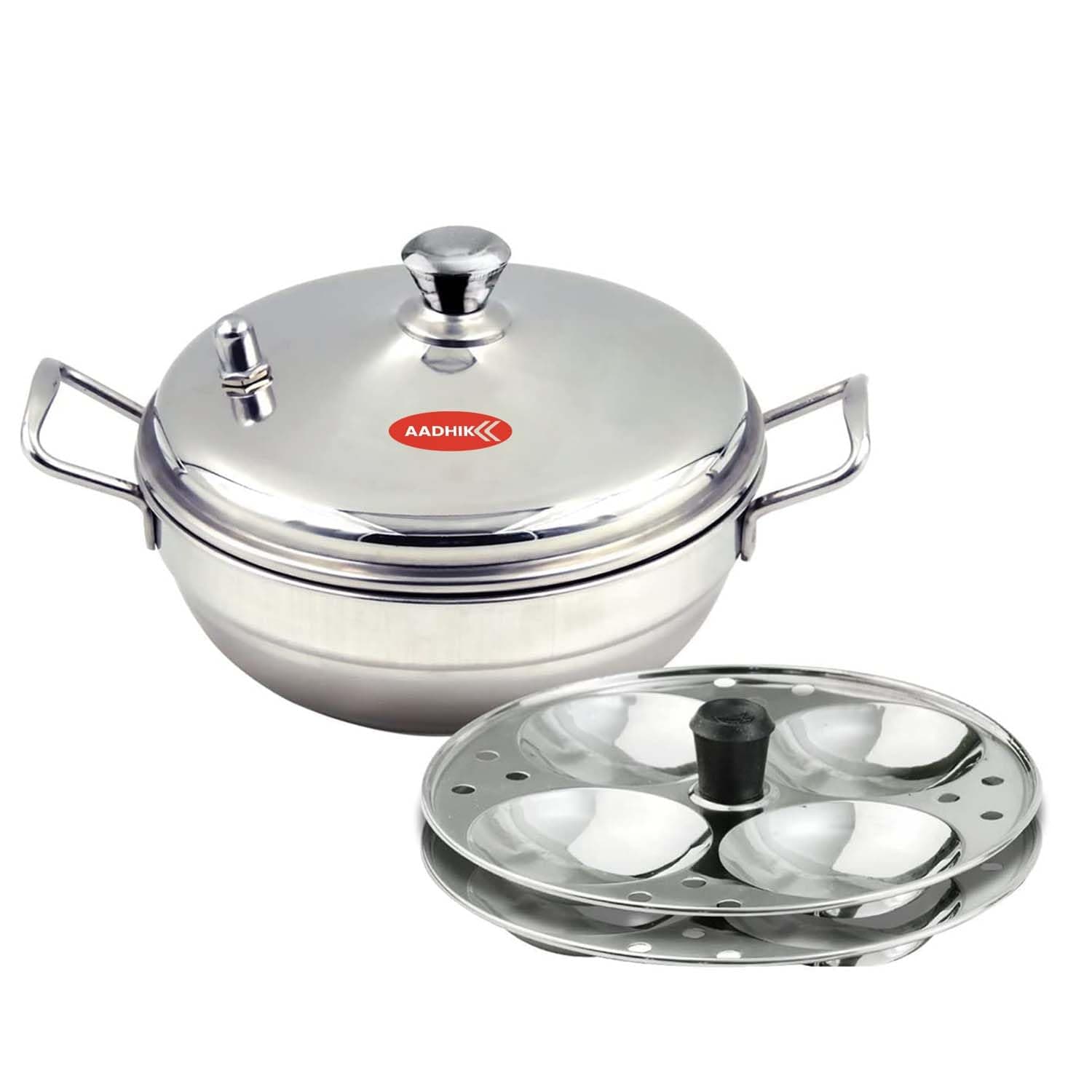 Aadhik Stainless Steel Multi Purpose Kadai With Lid, Idli Maker 2 Plate 8 Cavity Cooker Idly Pot Steamer, Silver