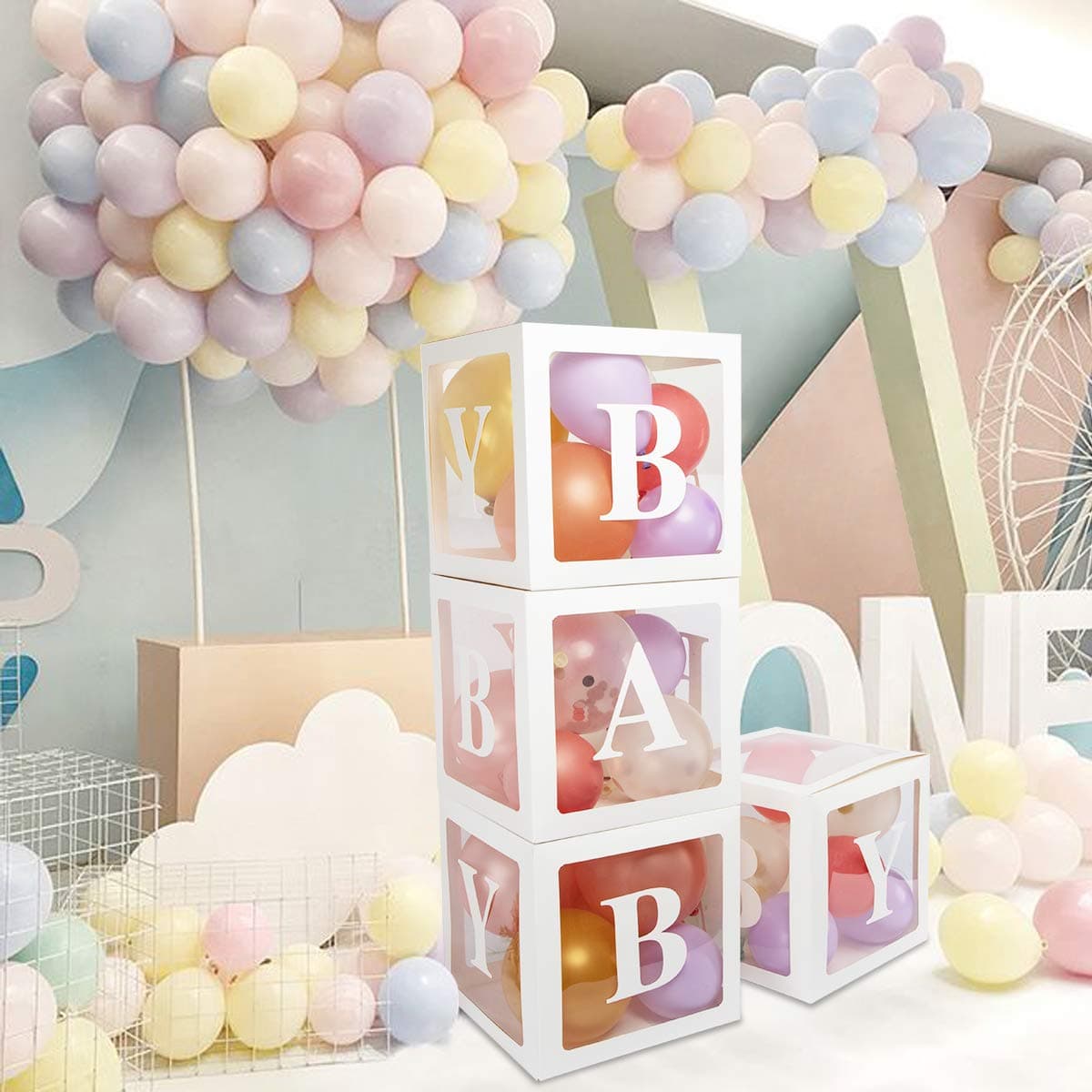 ENUOSUMA Baby Shower Decorations Balloon Clear Box, 4pcs/Set DIY Transparent Box Latex Balloon Love Blocks Perfect for Boy Girl Baby Shower Wedding Birthday Party (White, Baby)
