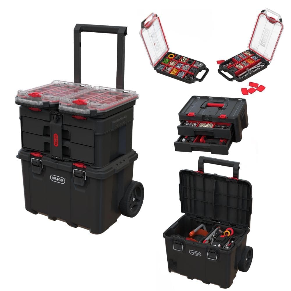 Stack N’ Roll 4-Piece Rolling Tool Storage System – Includes Large Rolling Tool Box, 2-Drawer Tool Box & 2 Tray Organizers | Modular Stackable Tool Storage with Wheels for Garage & Workshop