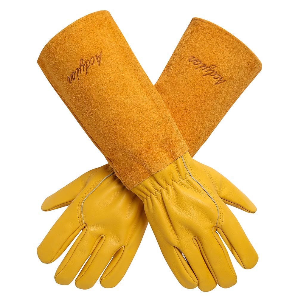 Thorn Proof Gardening Gloves for Men & Women, Long Cowhide Leather Rose Pruning Gloves with Forearm Protection, Puncture Resistant Gauntlets for Cacti, Blackberries & Yard Work(yellow,Medium)