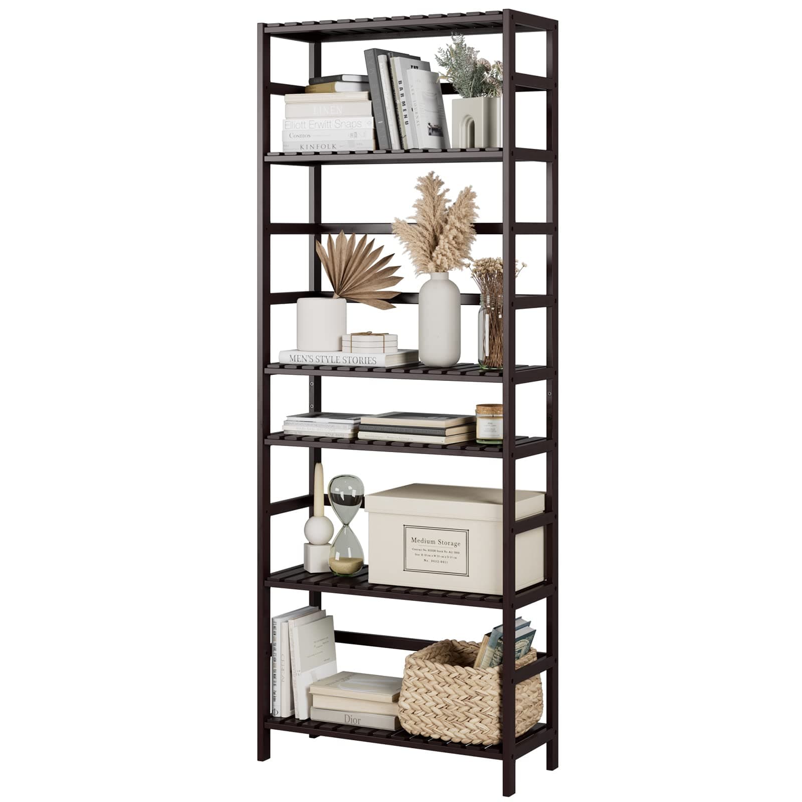 FOTOSOK 6-Tier Bamboo Shelf, Bamboo Bookcase with Adjustable Shelves, Free Standing Storage Shelf Unit, Plant Flower Stand for Kitchen, Bathroom, Home Office, Vintage