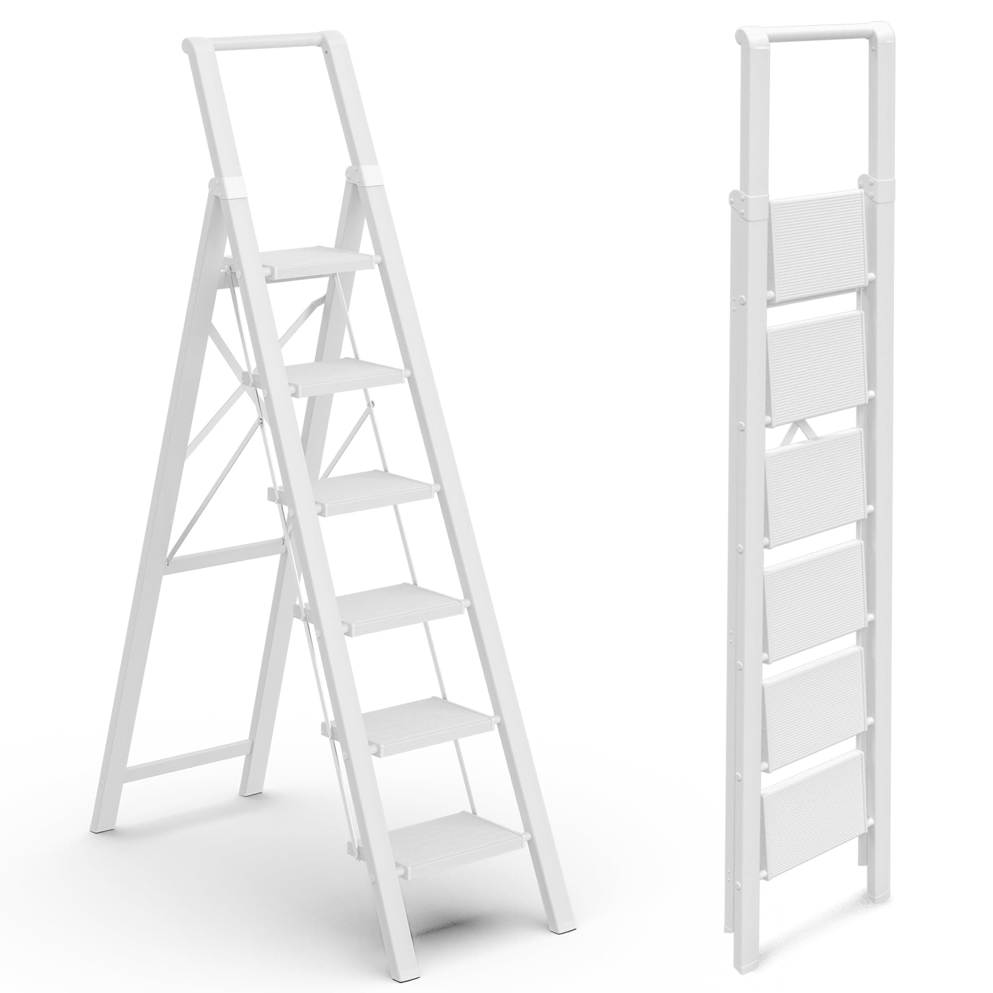 GameGem 6 Step Ladder for 12 Feet High Ceiling, Lightweight Aluminum Folding Step Stool with Convenient Handgrip, Stepladders with Anti-Slip and Wide Pedal for Home Use Space Saving - White