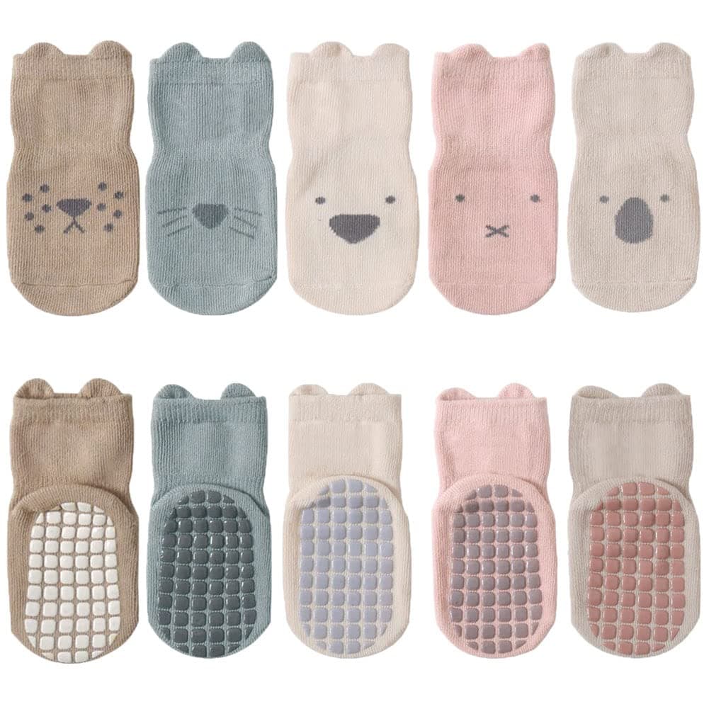 5 Pairs Baby Kids Anti-slip Socks Cotton non skid Ankle Socks Animals, Multicolor, 1-3 Years
