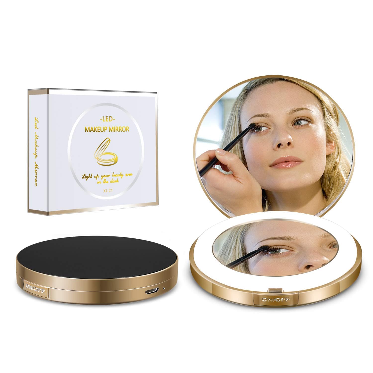 Led Compact Mirror [2019 Newest] Lighted Travel Makeup Mirror Rechargeable Led Purse Mirror Portable with Lights 1X 4X Magnification (Ring)