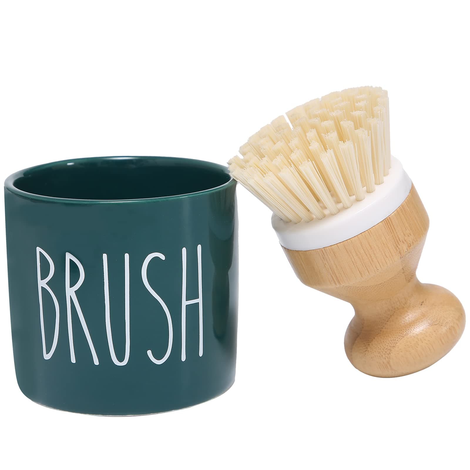HOMCDALY Bamboo Dish Brush with Ceramic Dish Brush Holder, Kitchen Brushes for Dishes, Dish Scrub Brush, Kitchen Dish Scrubber with Soap Holder, Kitchen Scrub Brush Dishwashing Brush（Green）