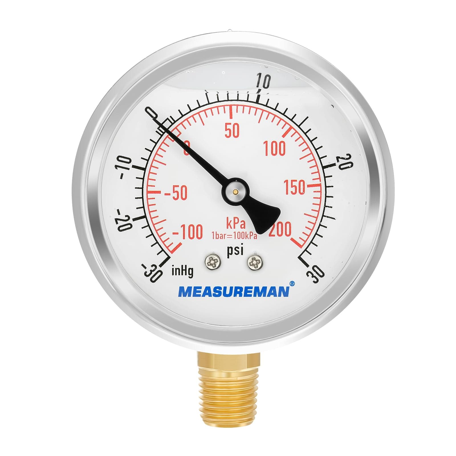 MEASUREMAN 2-1/2" dial, 1/4"NPT Lower, Glycerin Filled, Stainless Steel case, Brass Inside, 30inHg/-100kpa-0-30psi/200kpa