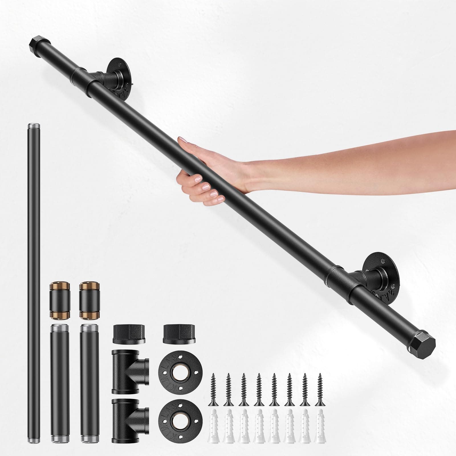 Indoor & Outdoor Stair Railings, Wall Mount Stairs Handrail for Elderly & Disabled, Galvanized Steel, Non-Slip, Schwarz, Powder Coated, 1M