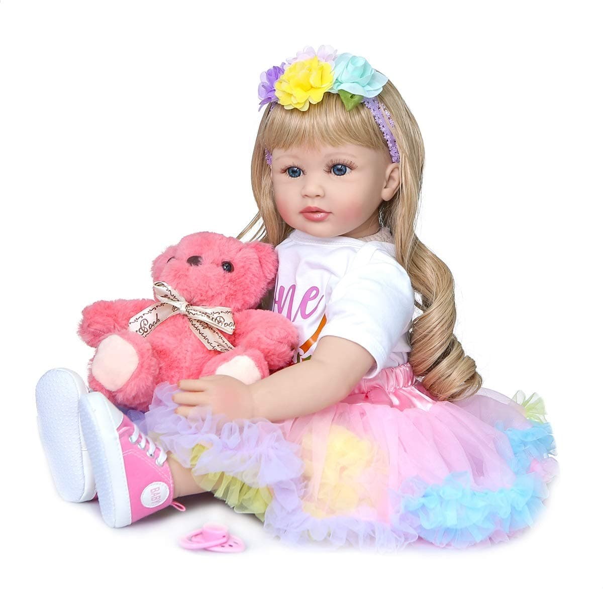 Lifelike Toddler Reborn Doll Silicone 24 Inch Realistic Reborn Baby Doll Girl Blonde Curly Hair Blue Eyes Soft Cloth Body for Girls Birthday Gift (Pink)