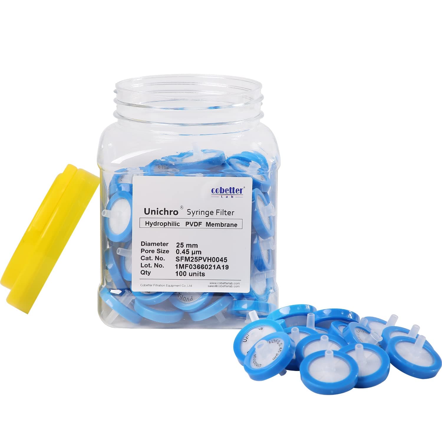 PVDF Syringe Filter Lab Filters 100/pk, 0.22μm Pore Size, 25mm Diameter Hydrophilic Filtration Non-sterile Blue by COBETTER