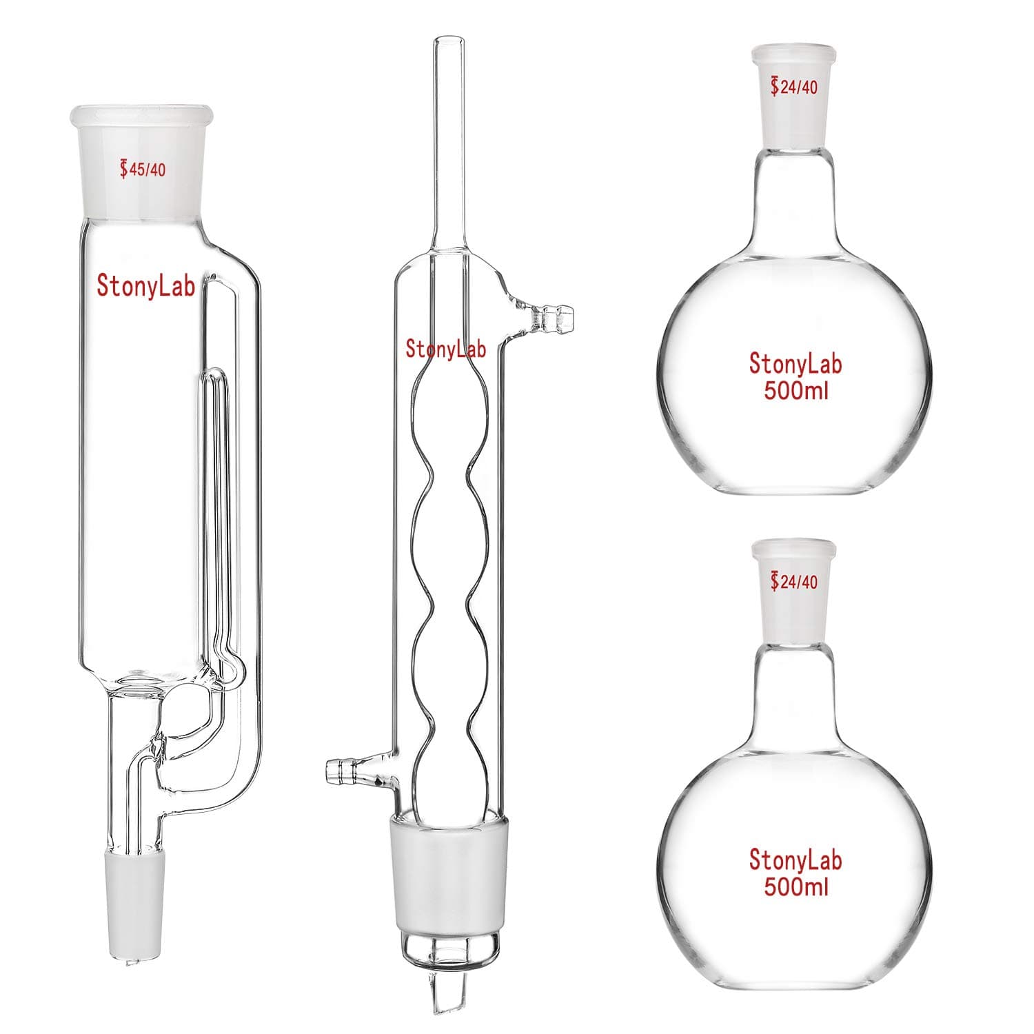 StonyLab 500ml Soxhlet Type Extraction Apparatus, Borosilicate Glass 45/40 Soxhlet Extractor with Allihn Condenser and 2 500 ml Flat Bottom Flasks with 24/40 Joint, Complete Unit