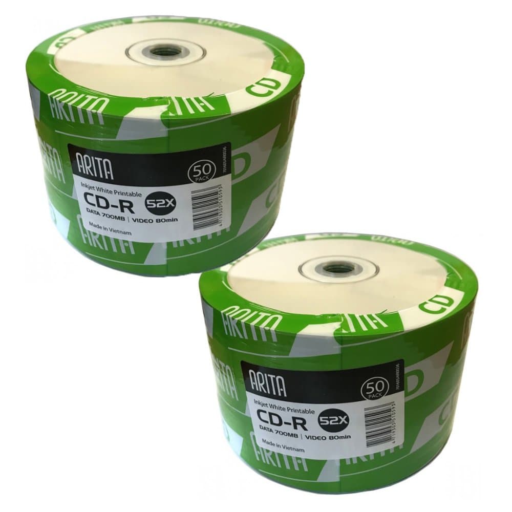 100 Genuine Arita Ritek Full Face White Inkjet Printable Blank CD CD-R Discs 52x 700MB 80 minutes Shrinkwrap By Natureinks