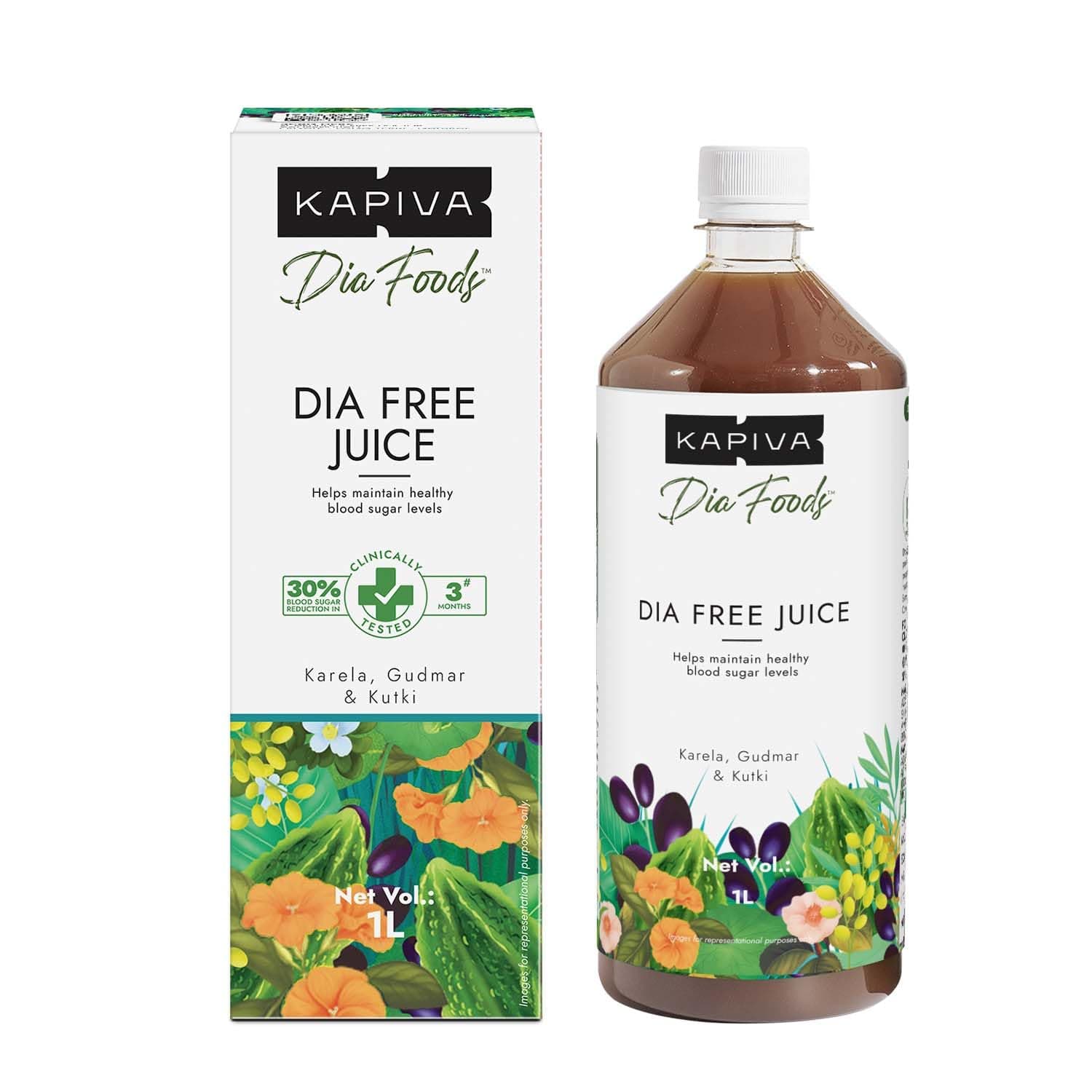 Kapiva Dia Free Juice, 1L | Clinically Proven Diabetic care | Amla, Karela, Jamun, Guduchi & 7 More (Tablet)