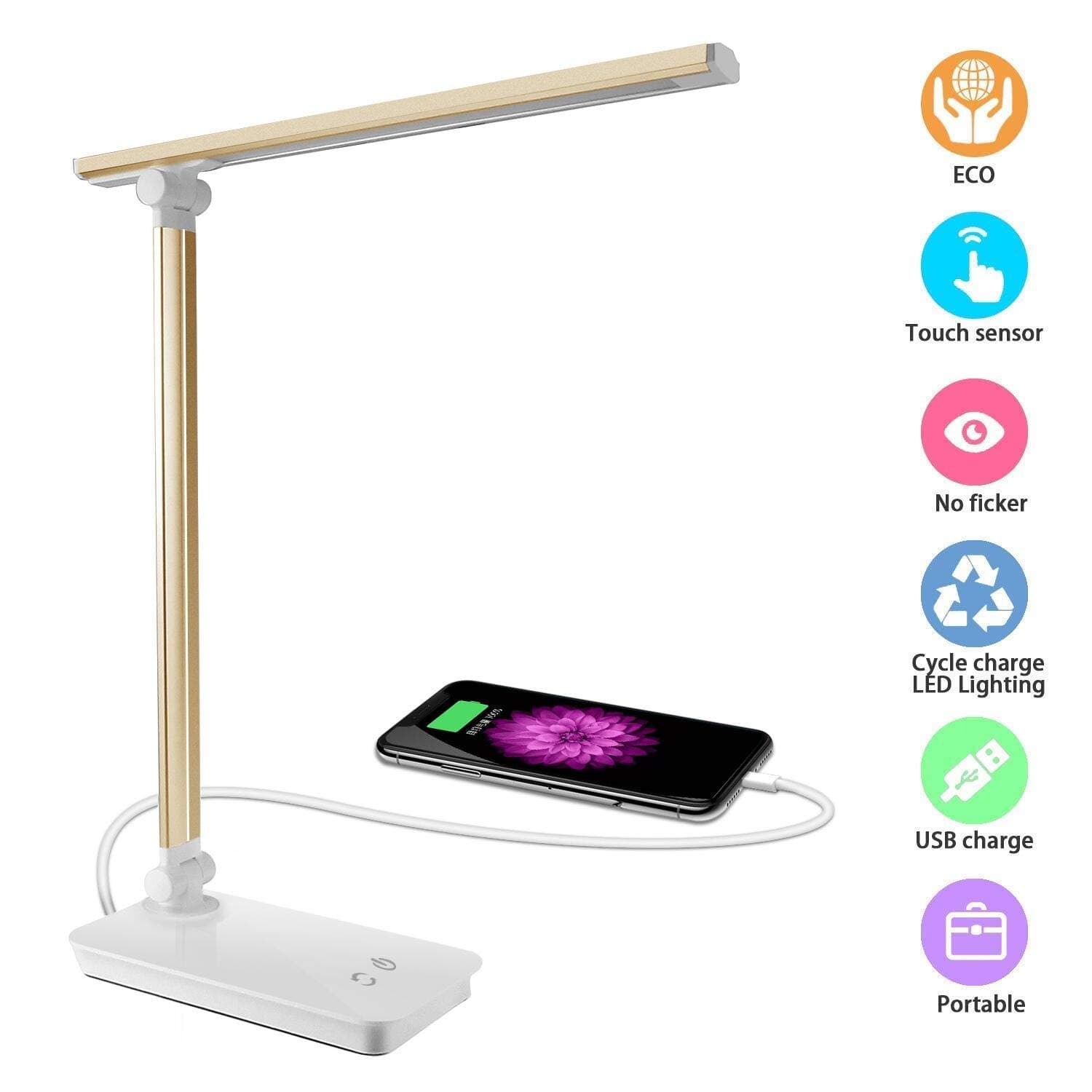 DAMIGRAM LED Desk Lamp, 3 Brightness Levels, 5 Different Color Modes, Foldable Touch Dimmable Table Lamp, Sensitiv Touch Control, Eye Protection and USB Charging Port, for Work, Study, Office, Bedroom (Gold)
